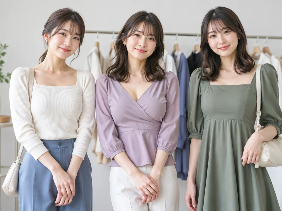 胸元を立体的に見せるシルエットと首元
